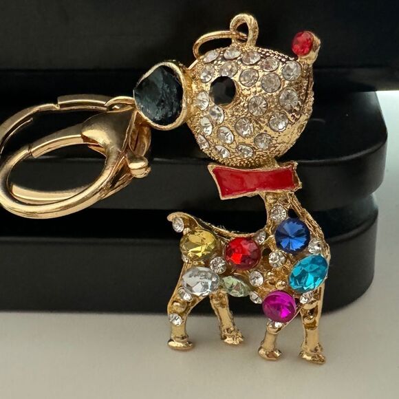 Reindeer Keychain Crystal Rhinestone With Multicolor Gems & Gold Plating - Picture 4 of 5